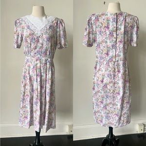Vintage Peter Pan Collar Floral Midi Dress 1980’s  Pastel Grunge Dress